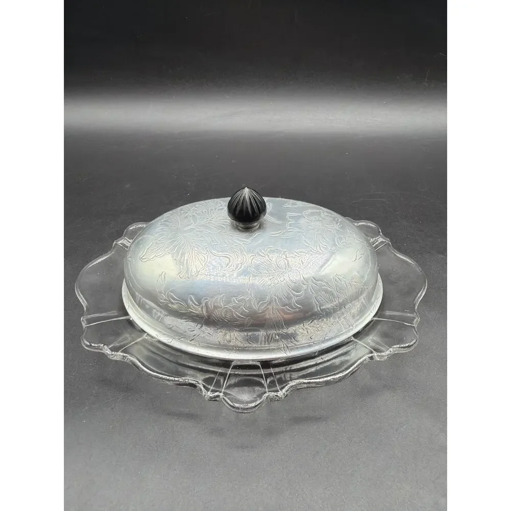 Vintage Clear Glass Butter Dish Embossed Aluminum Hibiscus Floral lid Bakelite
